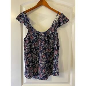 Joie Silk Blouse Large Blue Floral Off the Shoulder Ruffled Cottage Core Boho